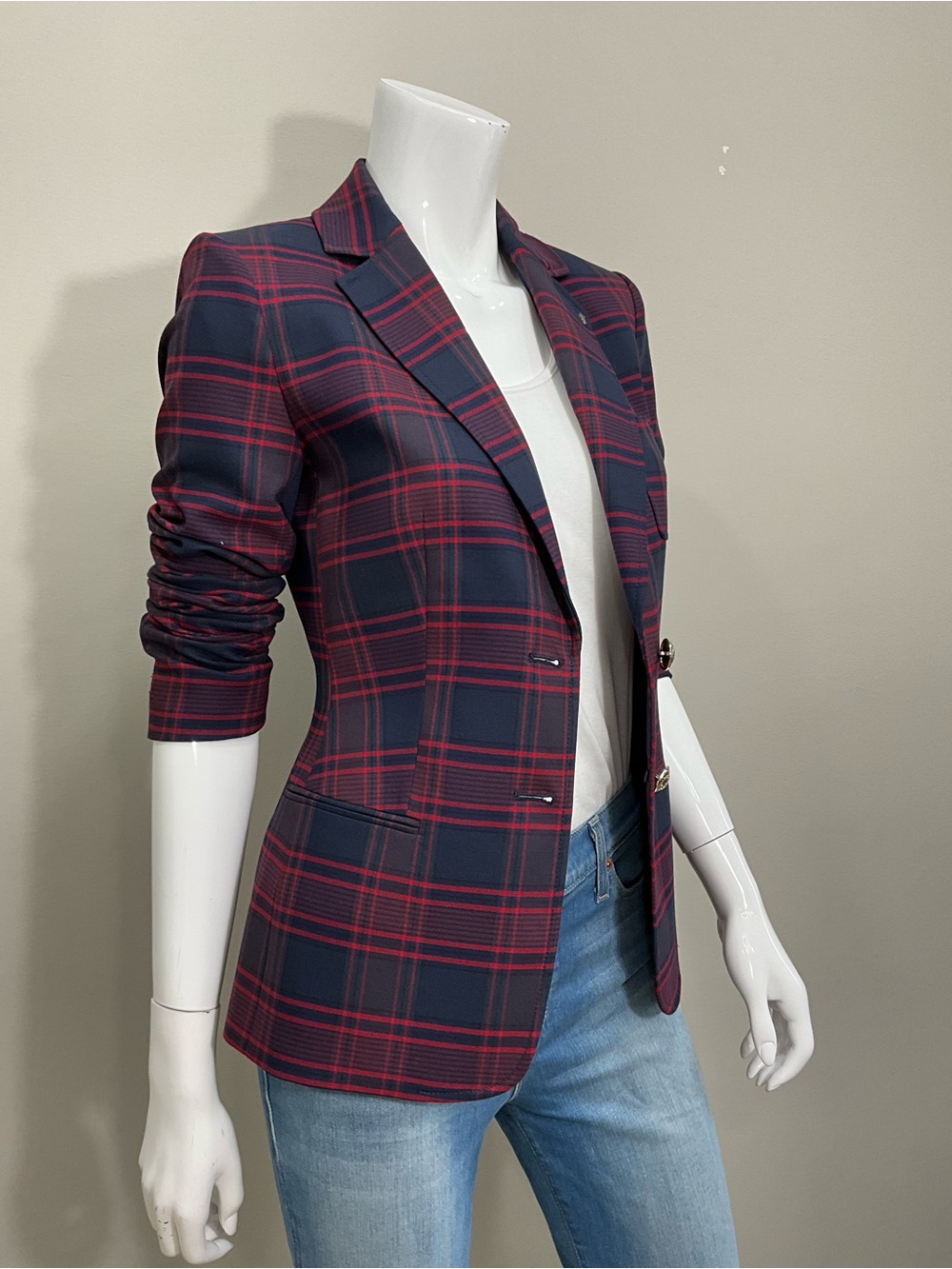 TOMMY HILFIGER Navy Red Plaid Gold Button Preppy Tailored Blazer Jacket Sz 2